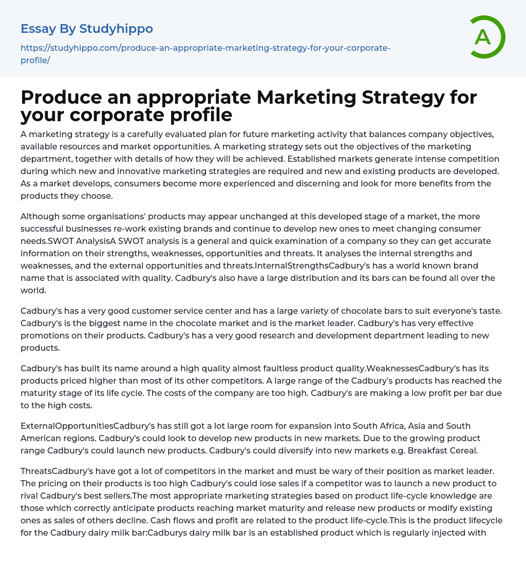 Produce an appropriate Marketing Strategy for your corporate profile Essay Example