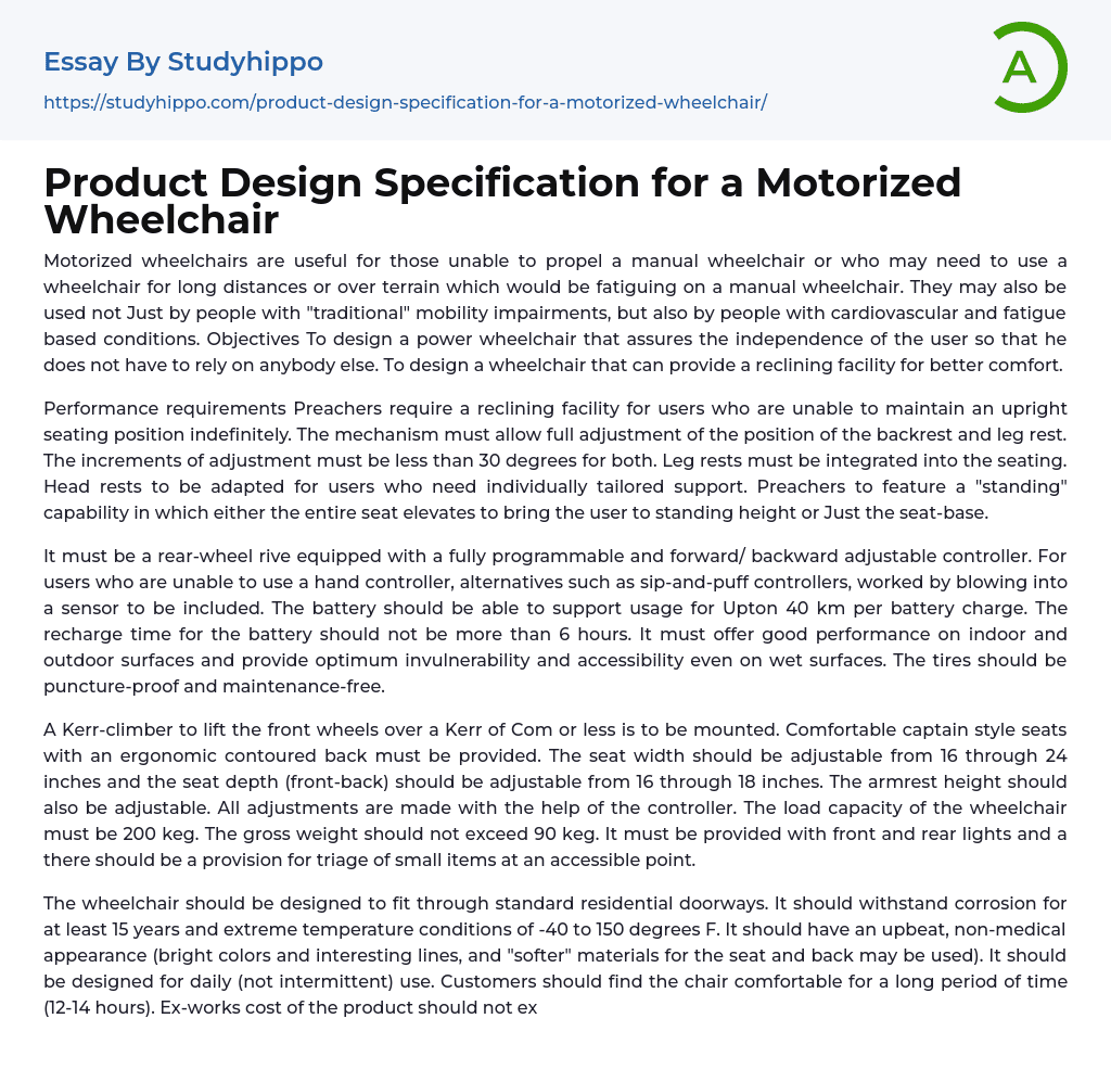 Product Design Specification for a Motorized Wheelchair Essay Example