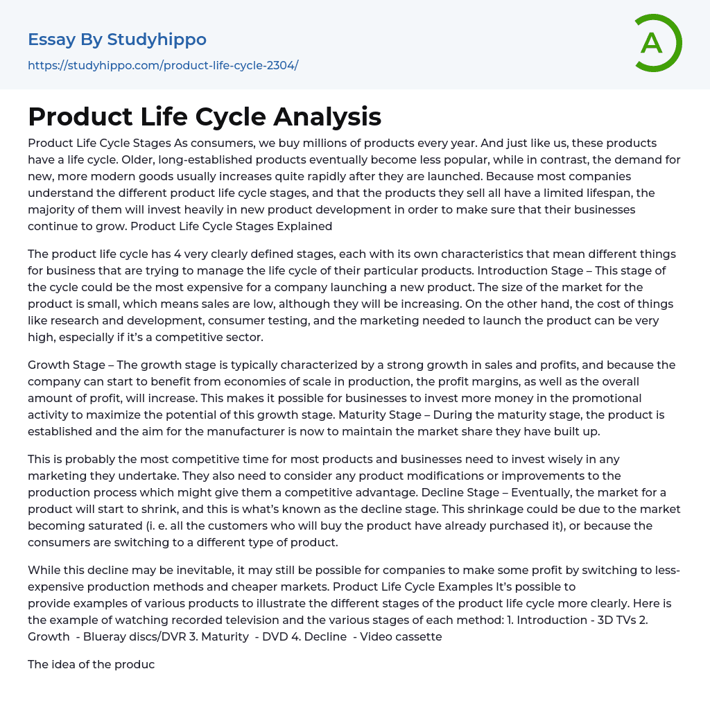 Product Life Cycle Analysis Essay Example