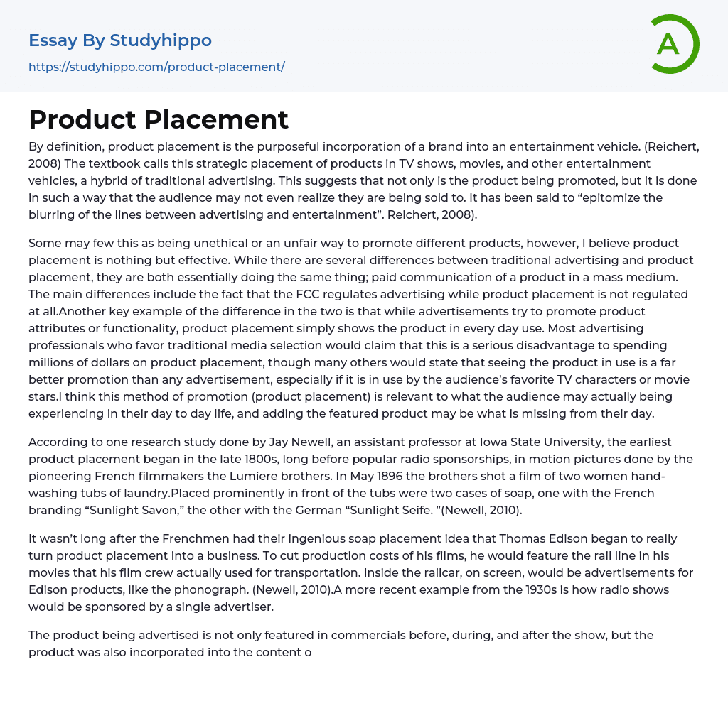 Product Placement Essay Example