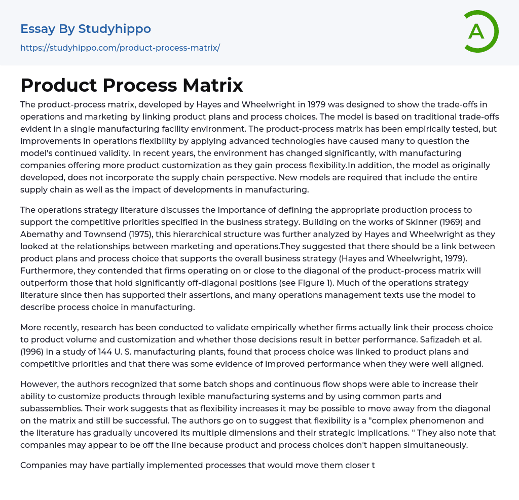 Product Process Matrix Essay Example