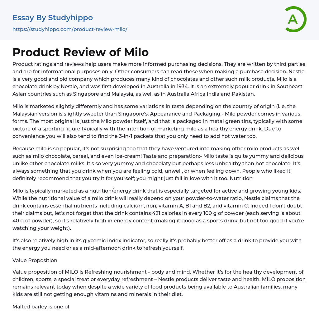Product Review of Milo Essay Example