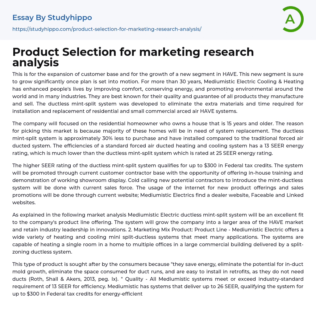 Product Selection for marketing research analysis Essay Example