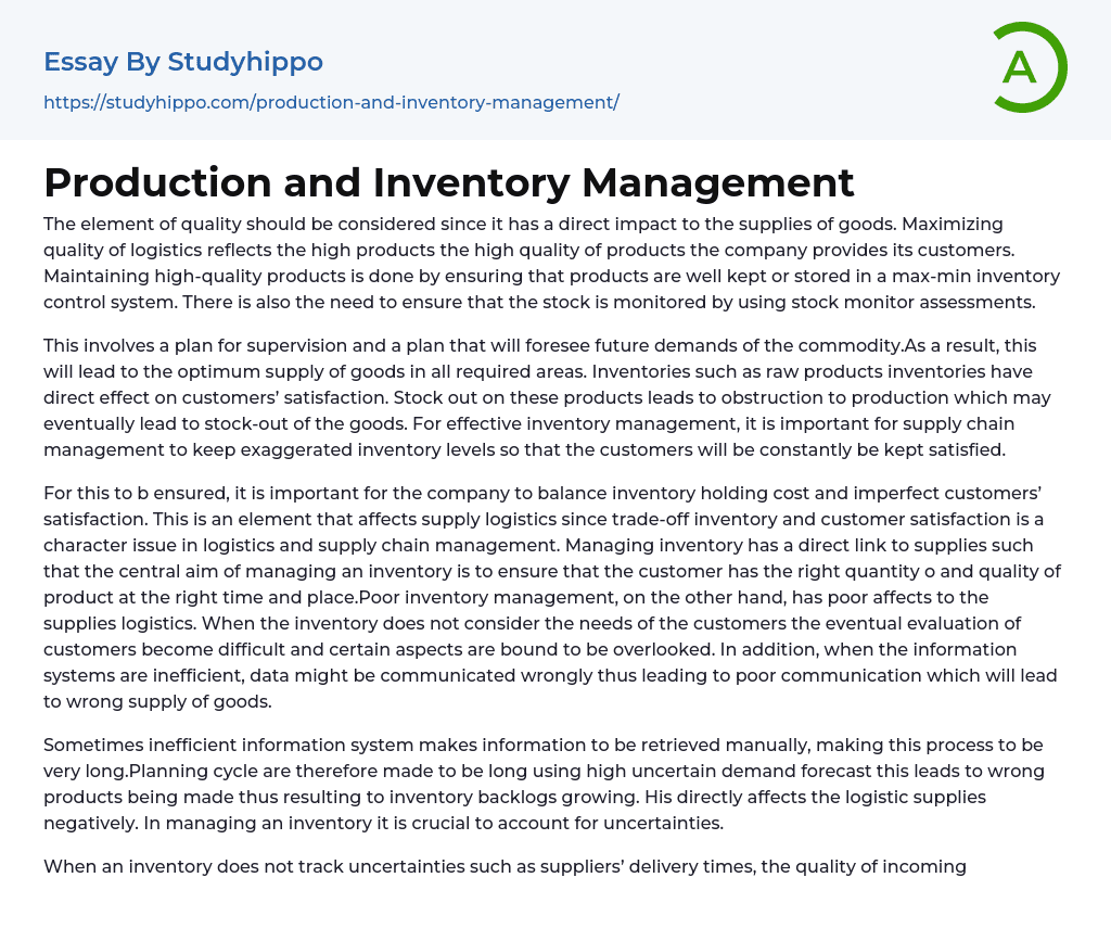 Production and Inventory Management Essay Example