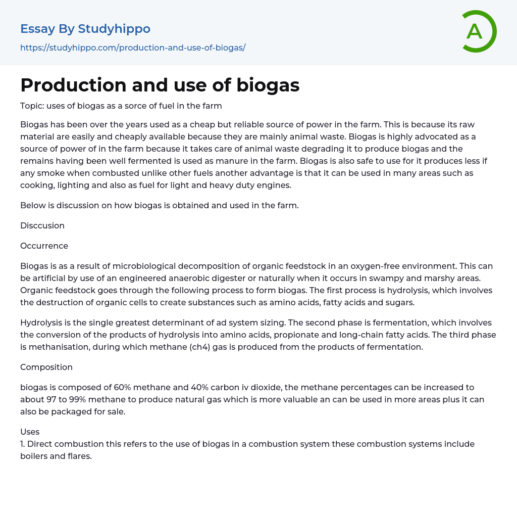 Production and use of biogas Essay Example