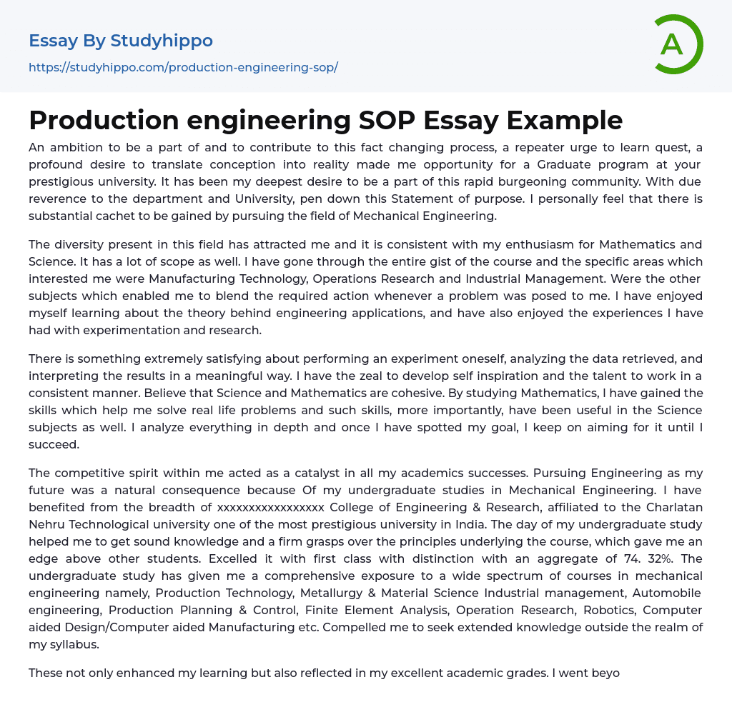Production engineering SOP Essay Example