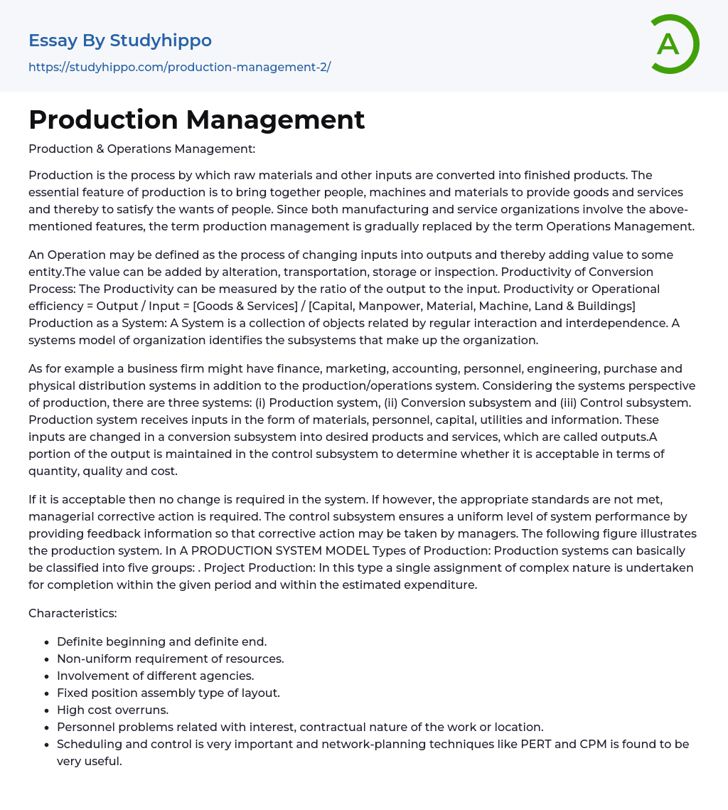 Production Management Essay Example