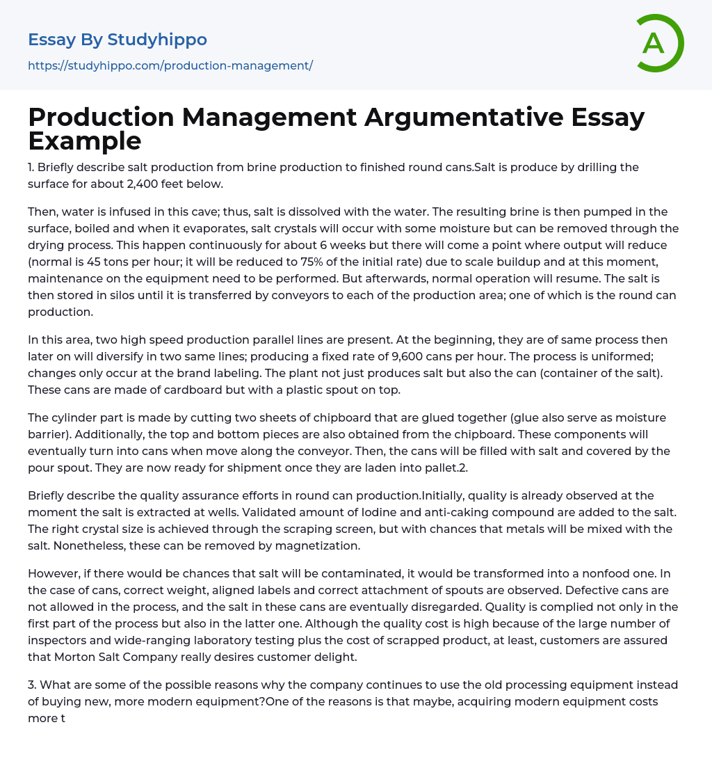 Production Management Argumentative Essay Example