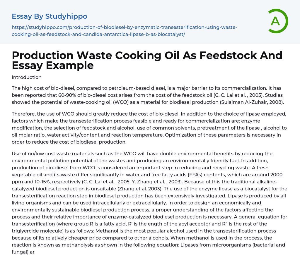 Production Waste Cooking Oil As Feedstock And Essay Example