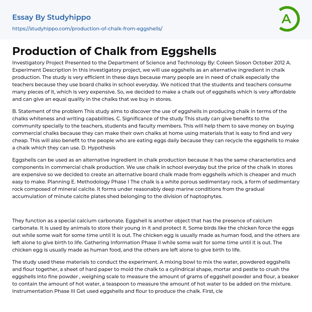 Production of Chalk from Eggshells Essay Example