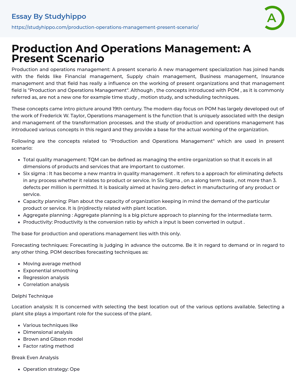 Production And Operations Management: A Present Scenario Essay Example