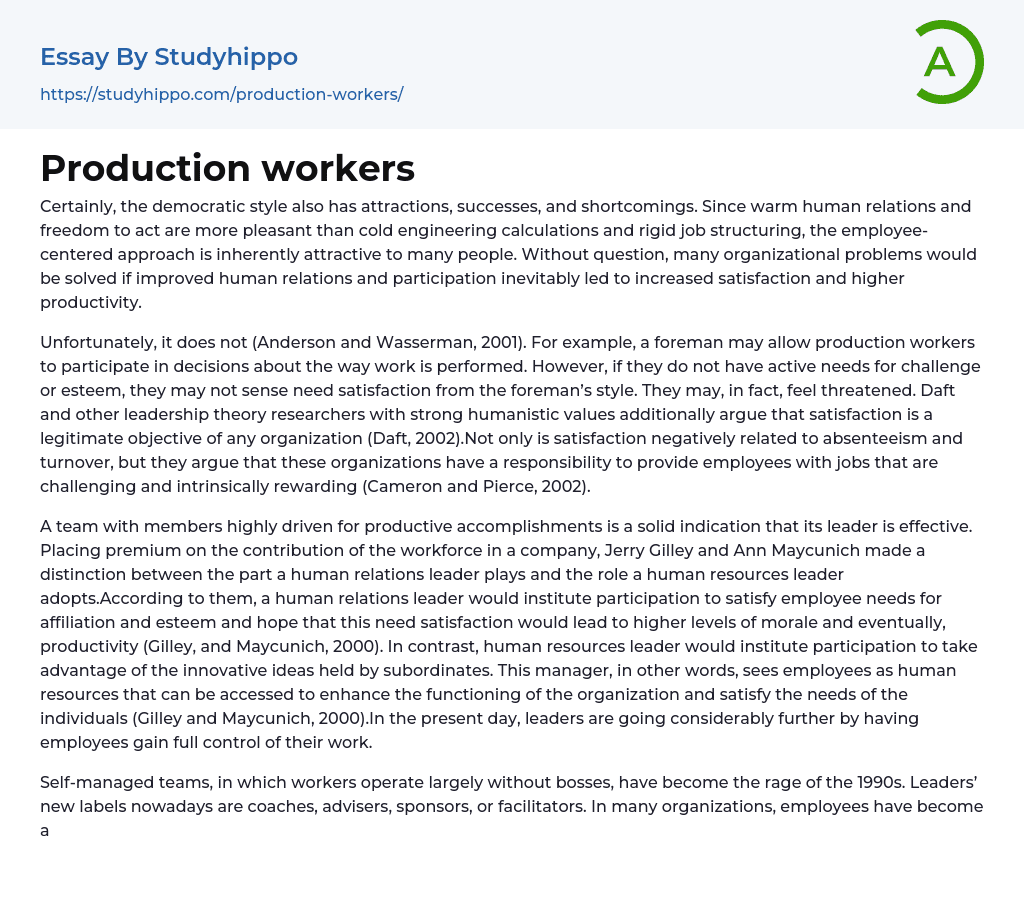 Production workers Essay Example