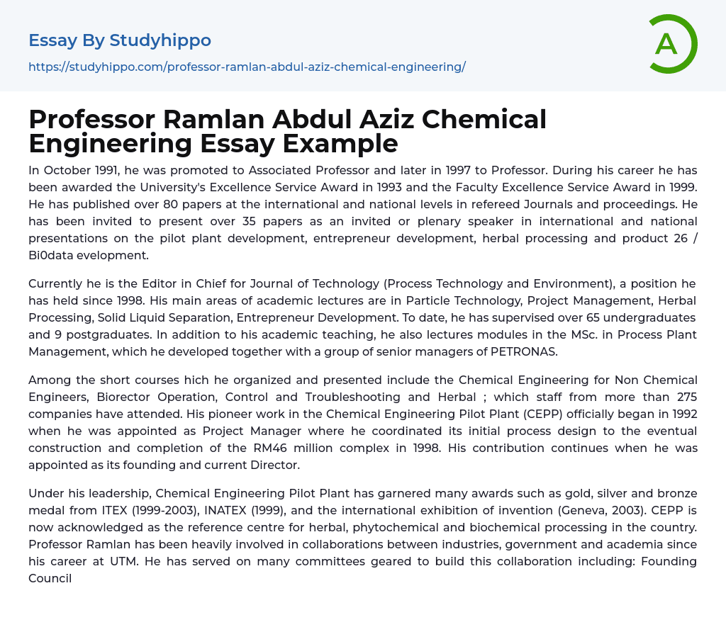 Professor Ramlan Abdul Aziz Chemical Engineering Essay Example