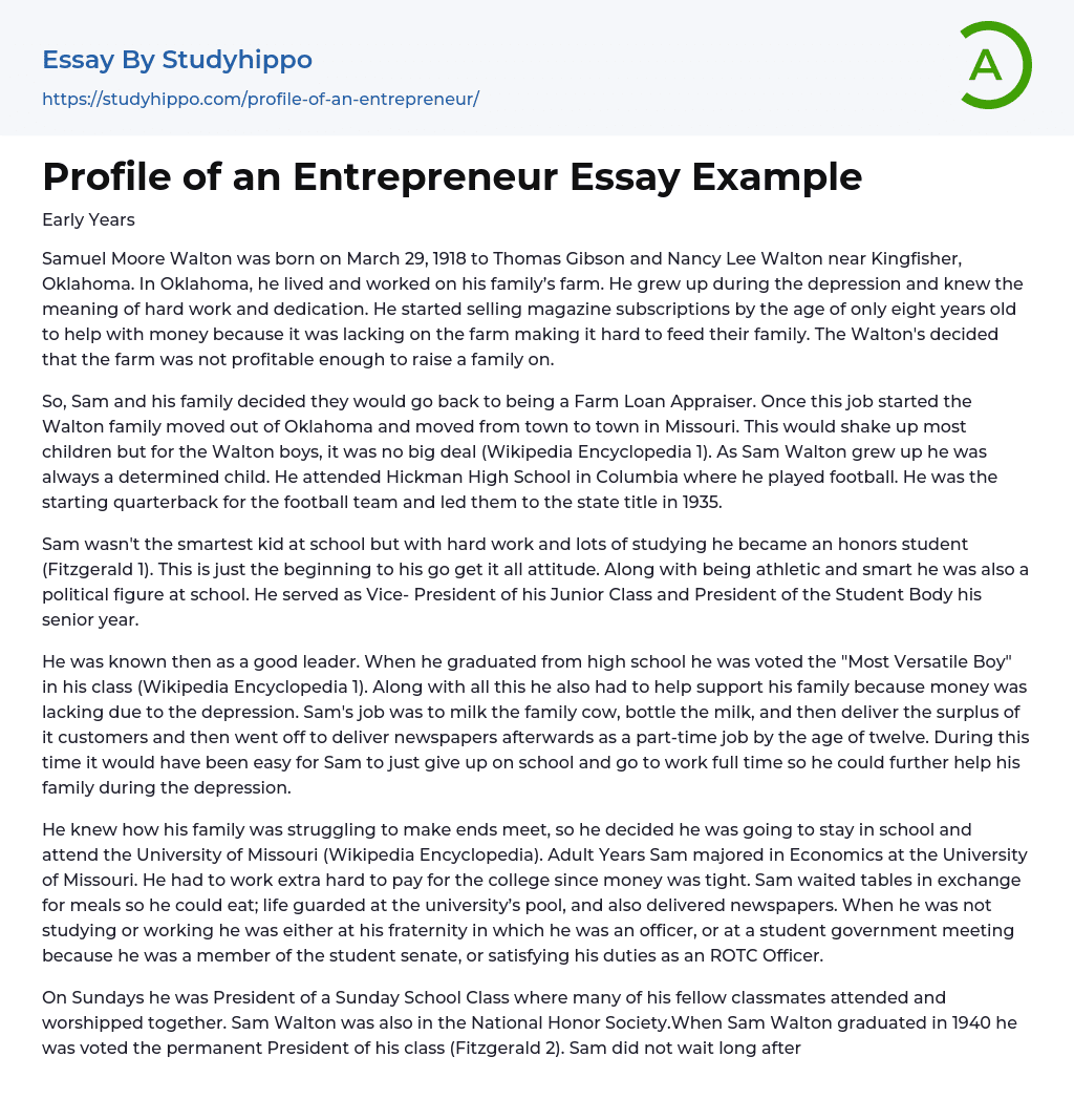 Profile of an Entrepreneur Essay Example
