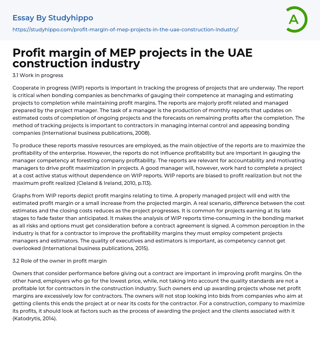 Profit margin of MEP projects in the UAE construction industry Essay Example