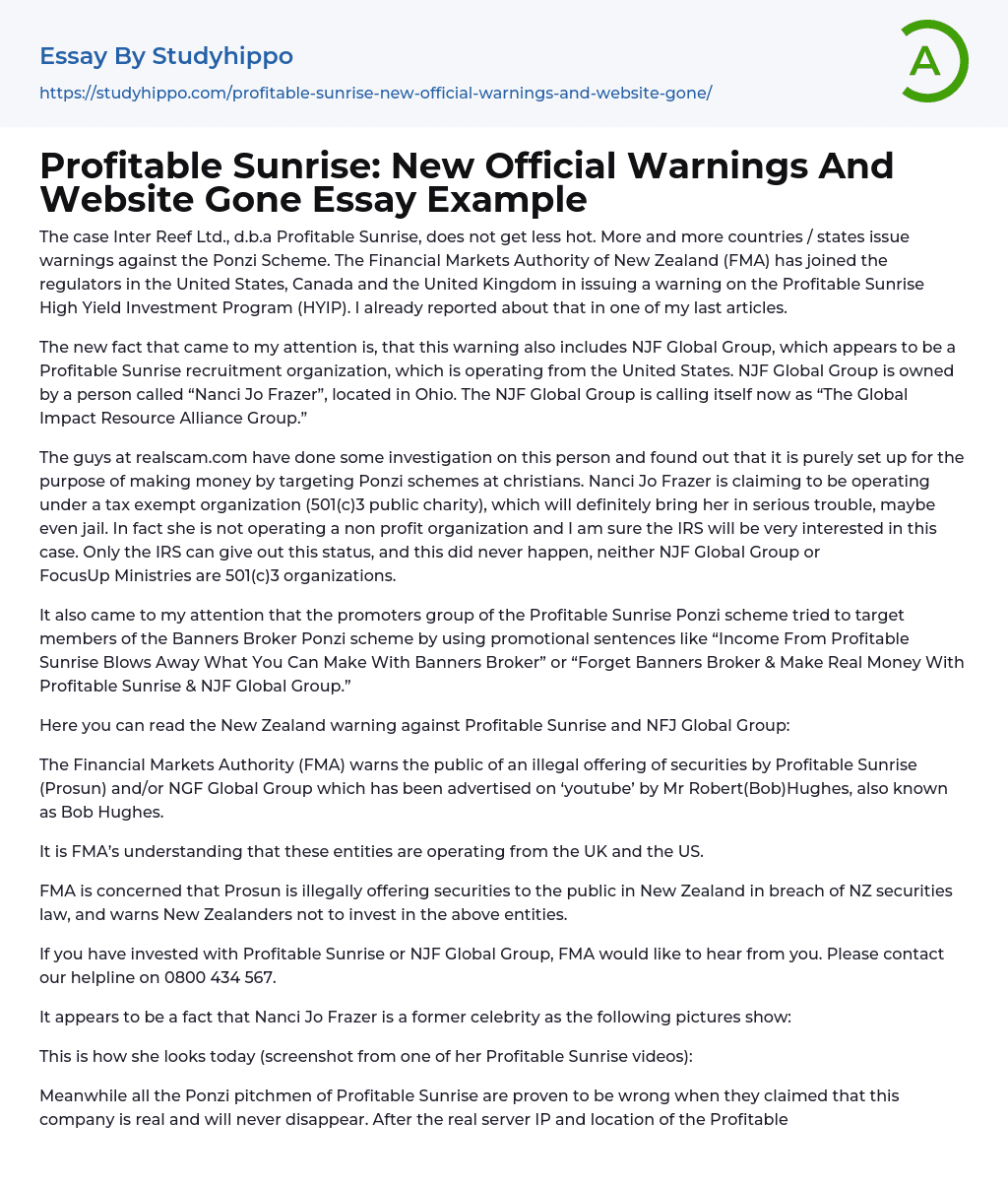 Profitable Sunrise: New Official Warnings And Website Gone Essay Example