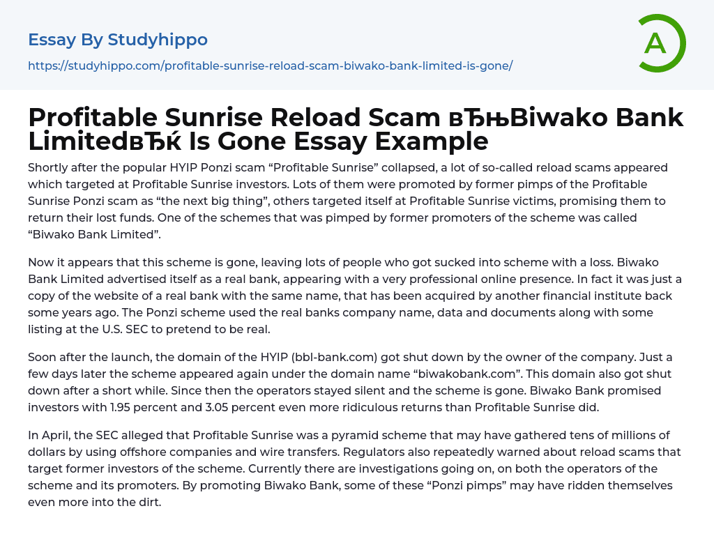 Profitable Sunrise Reload Scam “Biwako Bank Limited” Is Gone Essay Example
