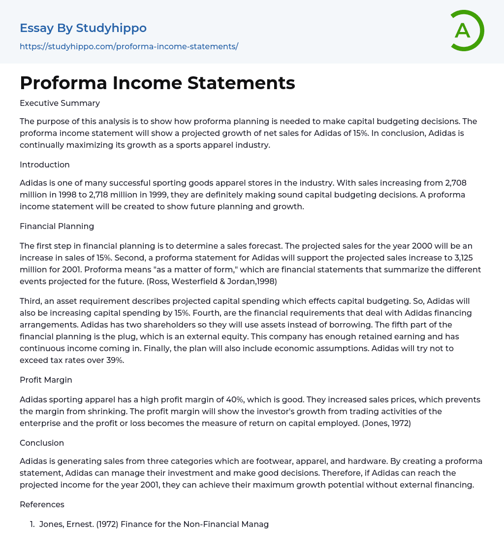 Proforma Income Statements Essay Example