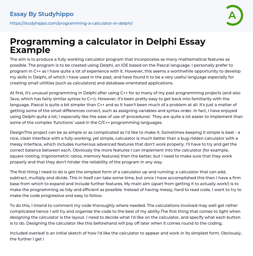 Programming a calculator in Delphi Essay Example