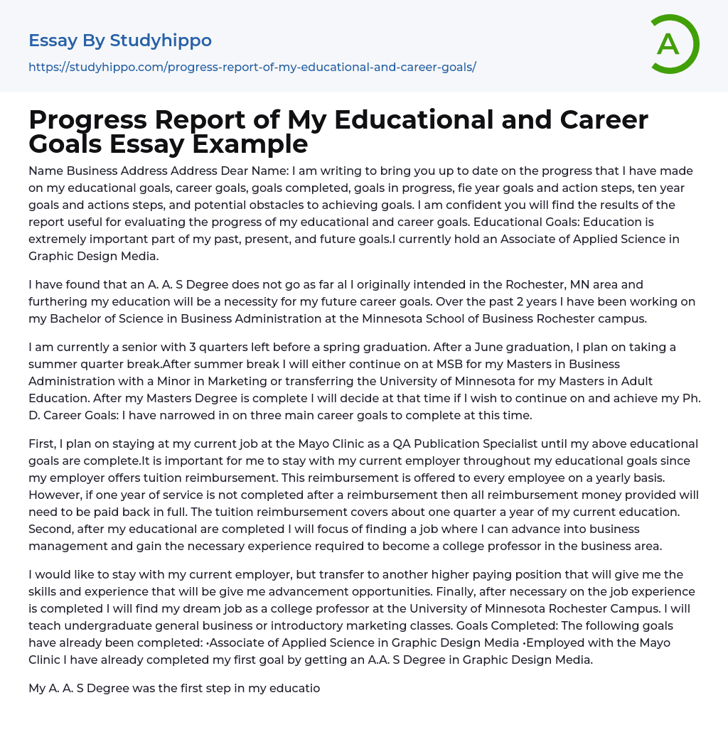 Progress Report of My Educational and Career Goals Essay Example