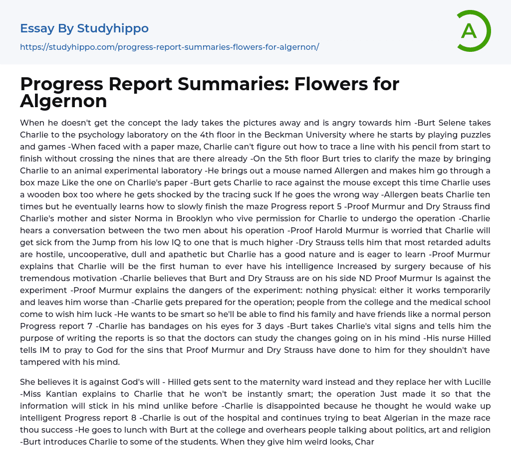 Progress Report Summaries: Flowers for Algernon Essay Example