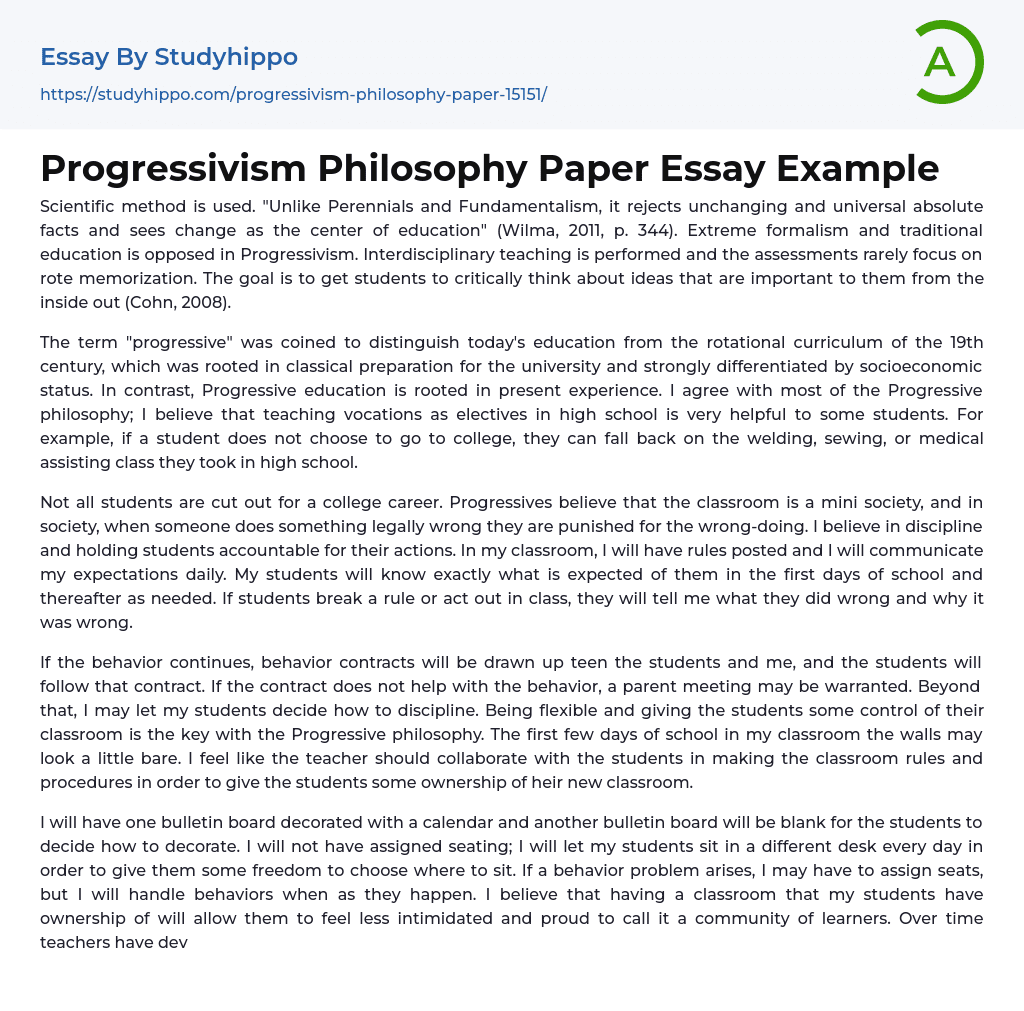 Progressivism Philosophy Paper Essay Example