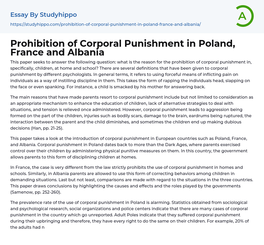 Prohibition of Corporal Punishment in Poland, France and Albania Essay Example