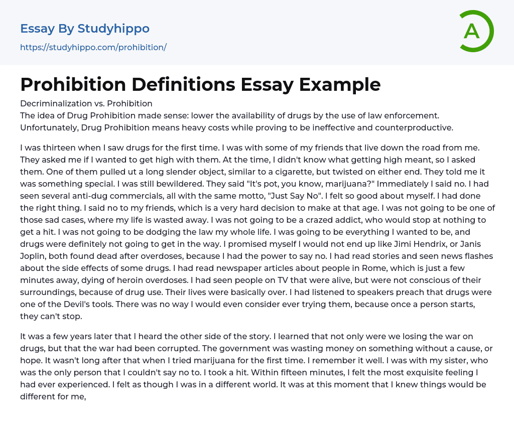 Prohibition Definitions Essay Example