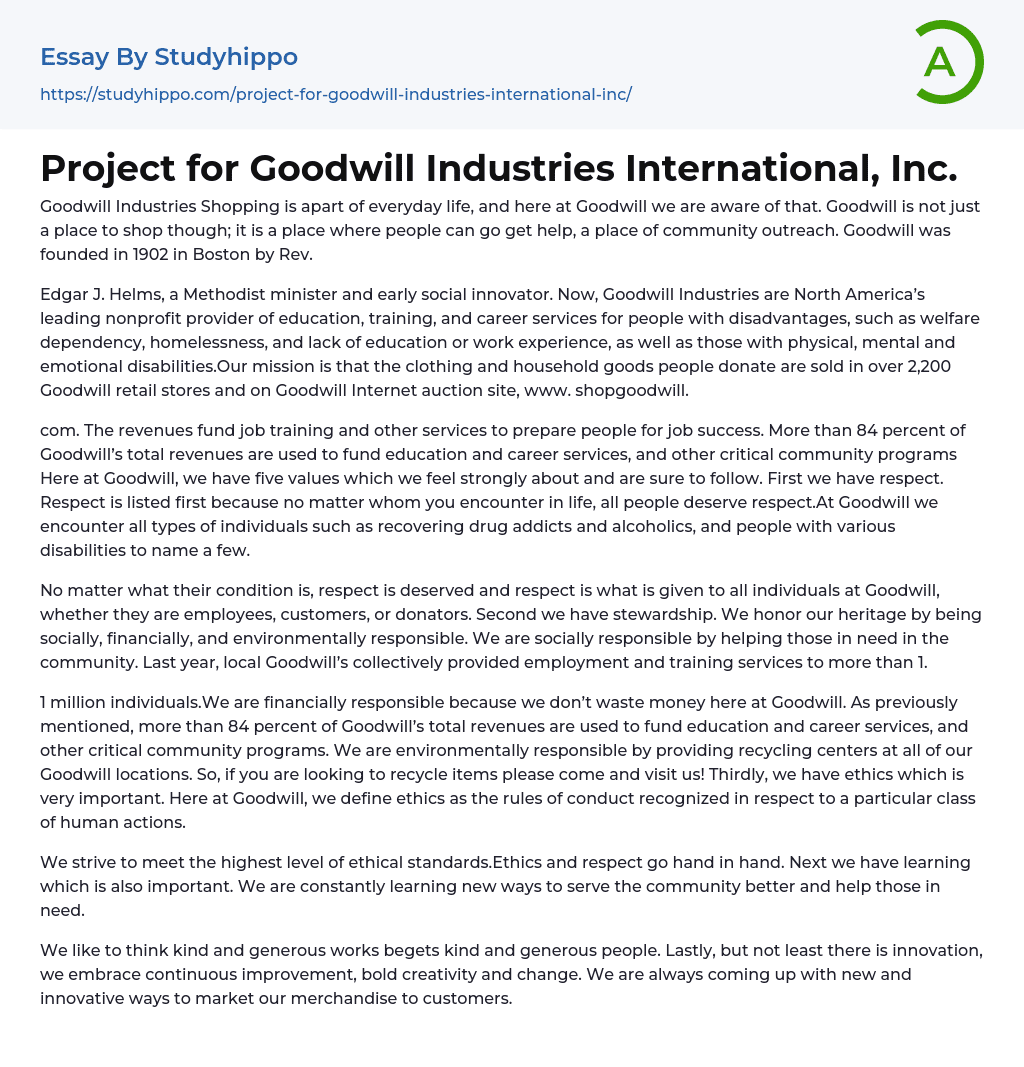 Project for Goodwill Industries International, Inc. Essay Example
