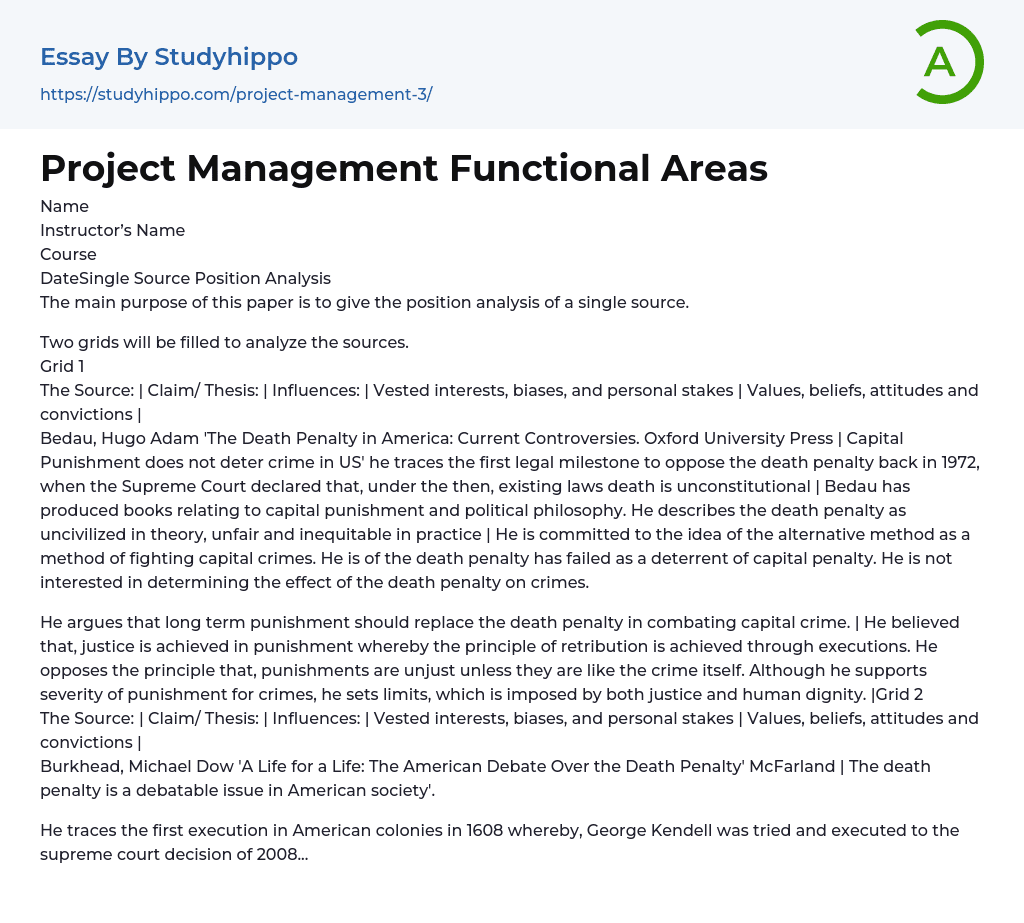 Project Management Functional Areas Essay Example