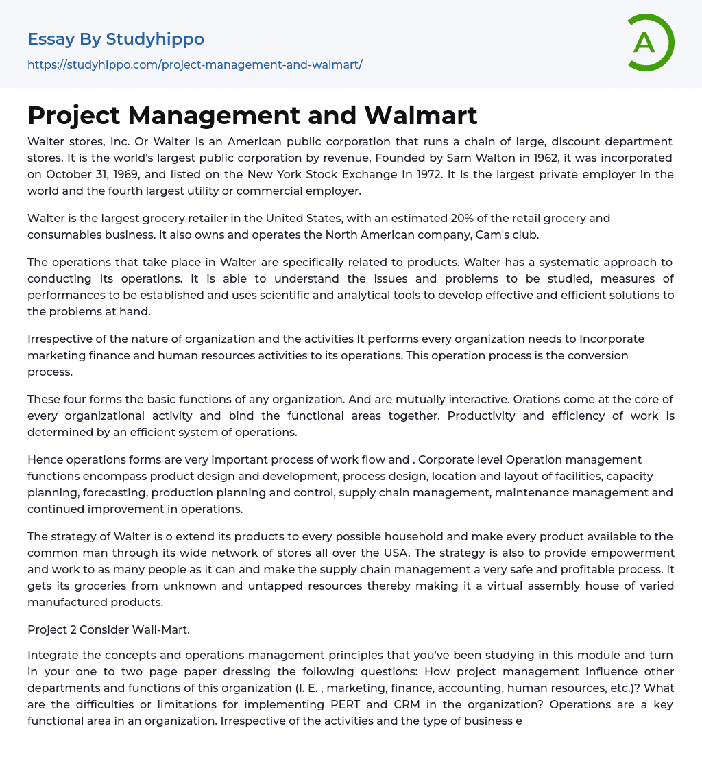 Project Management and Walmart Essay Example