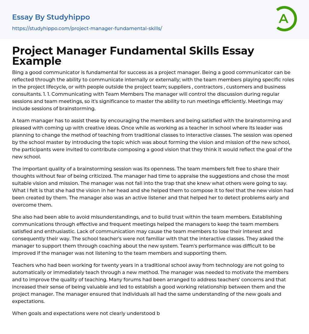 Project Manager Fundamental Skills Essay Example