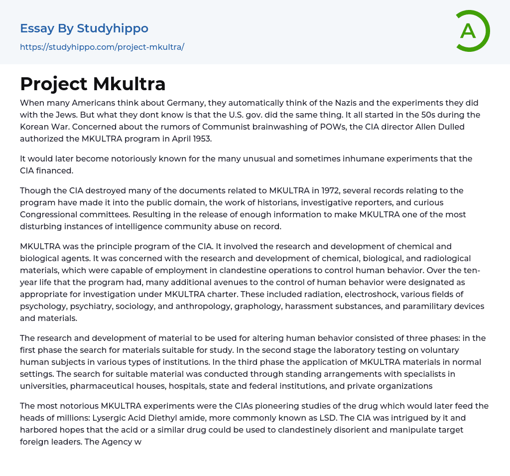 Project Mkultra Essay Example