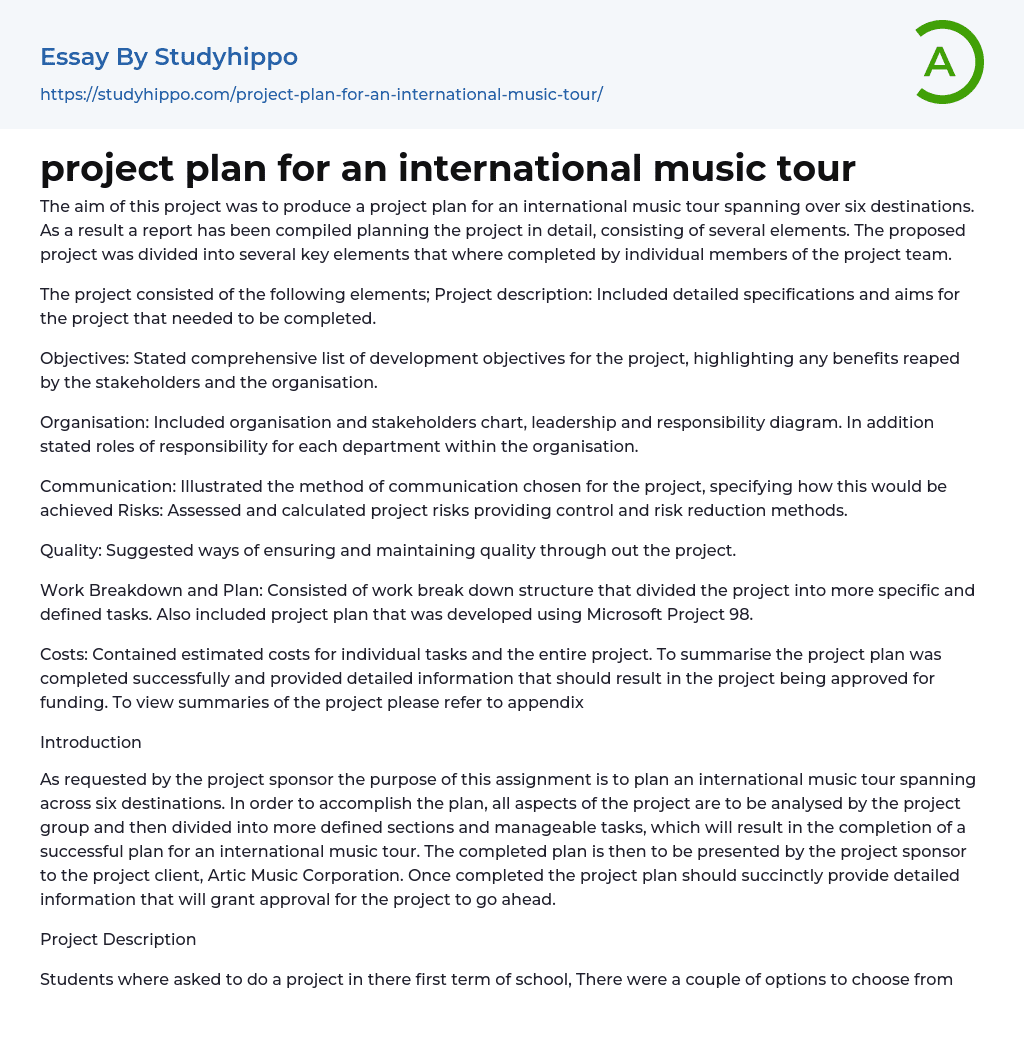 project plan for an international music tour Essay Example