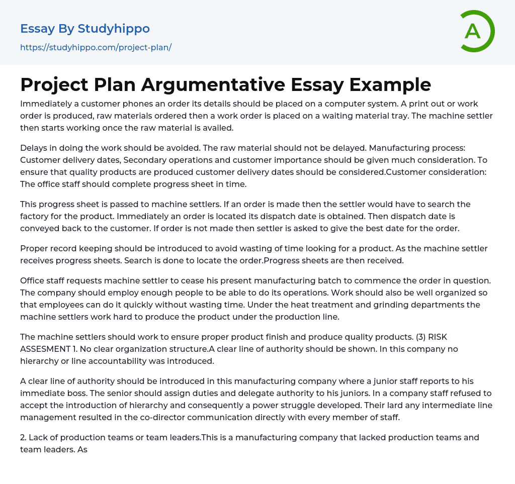 Project Plan Argumentative Essay Example