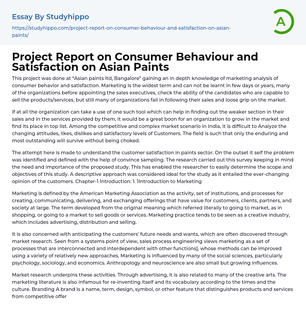 Project Report on Consumer Behaviour and Satisfaction on Asian Paints Essay Example