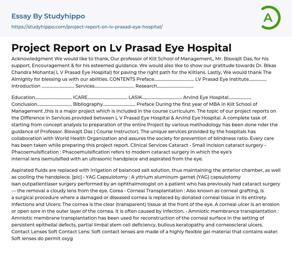 Project Report on Lv Prasad Eye Hospital Essay Example