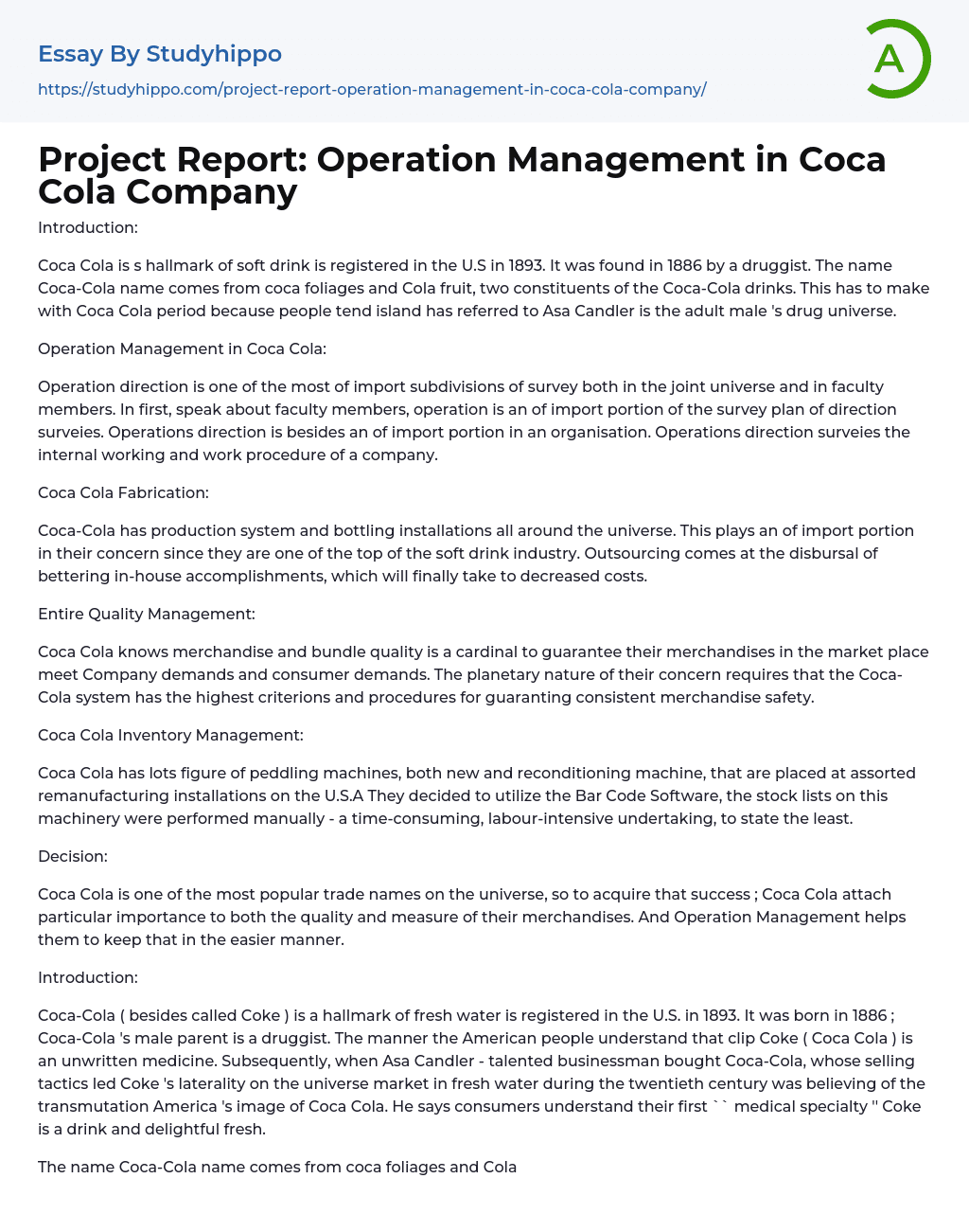 Project Report: Operation Management in Coca Cola Company Essay Example