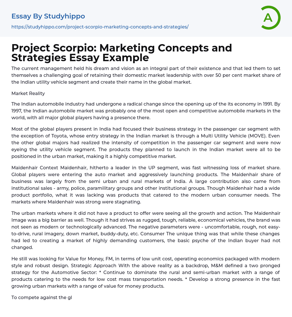 Project Scorpio: Marketing Concepts and Strategies Essay Example