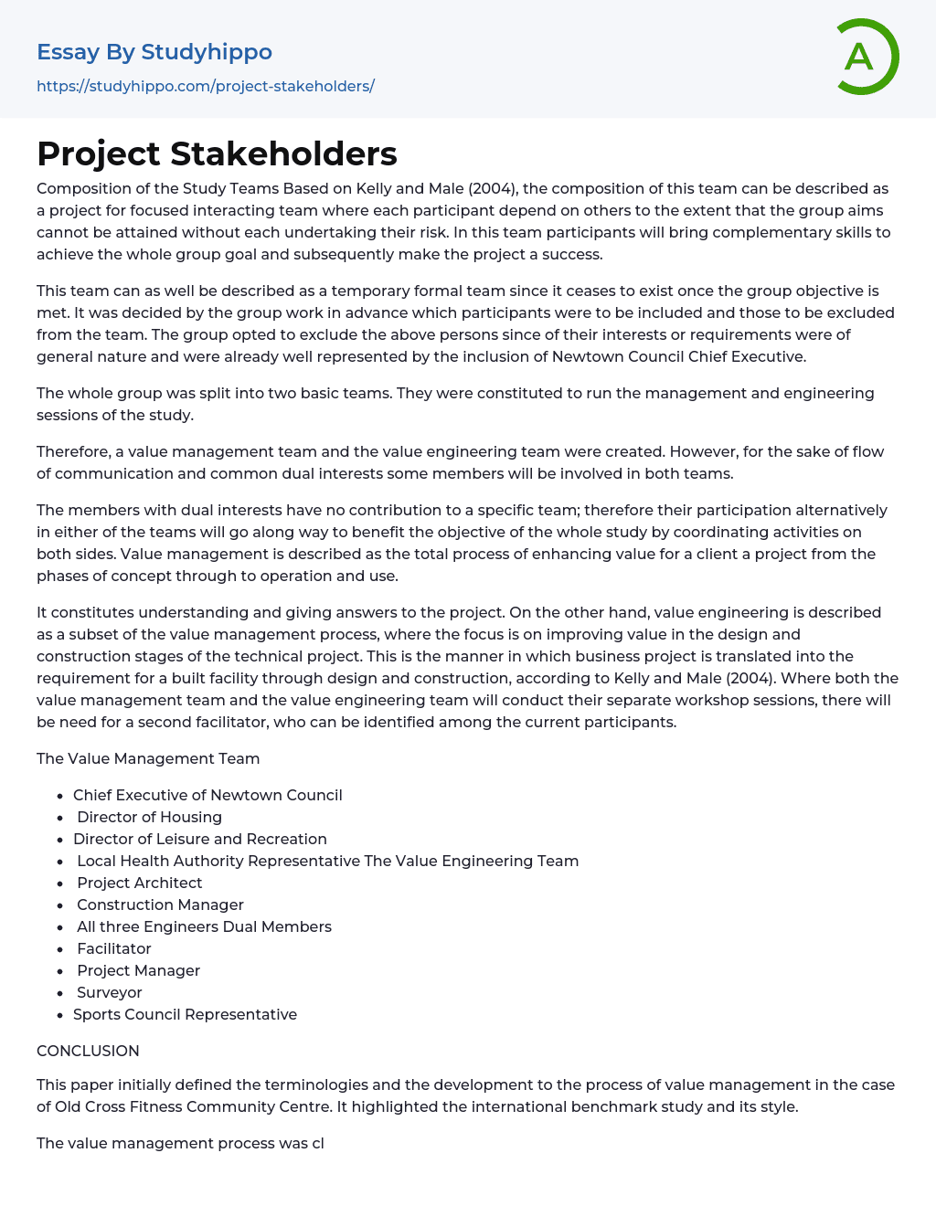 Project Stakeholders Essay Example