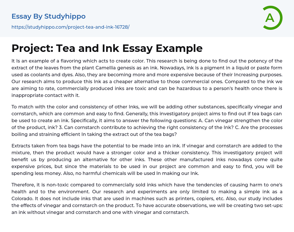Project: Tea and Ink Essay Example