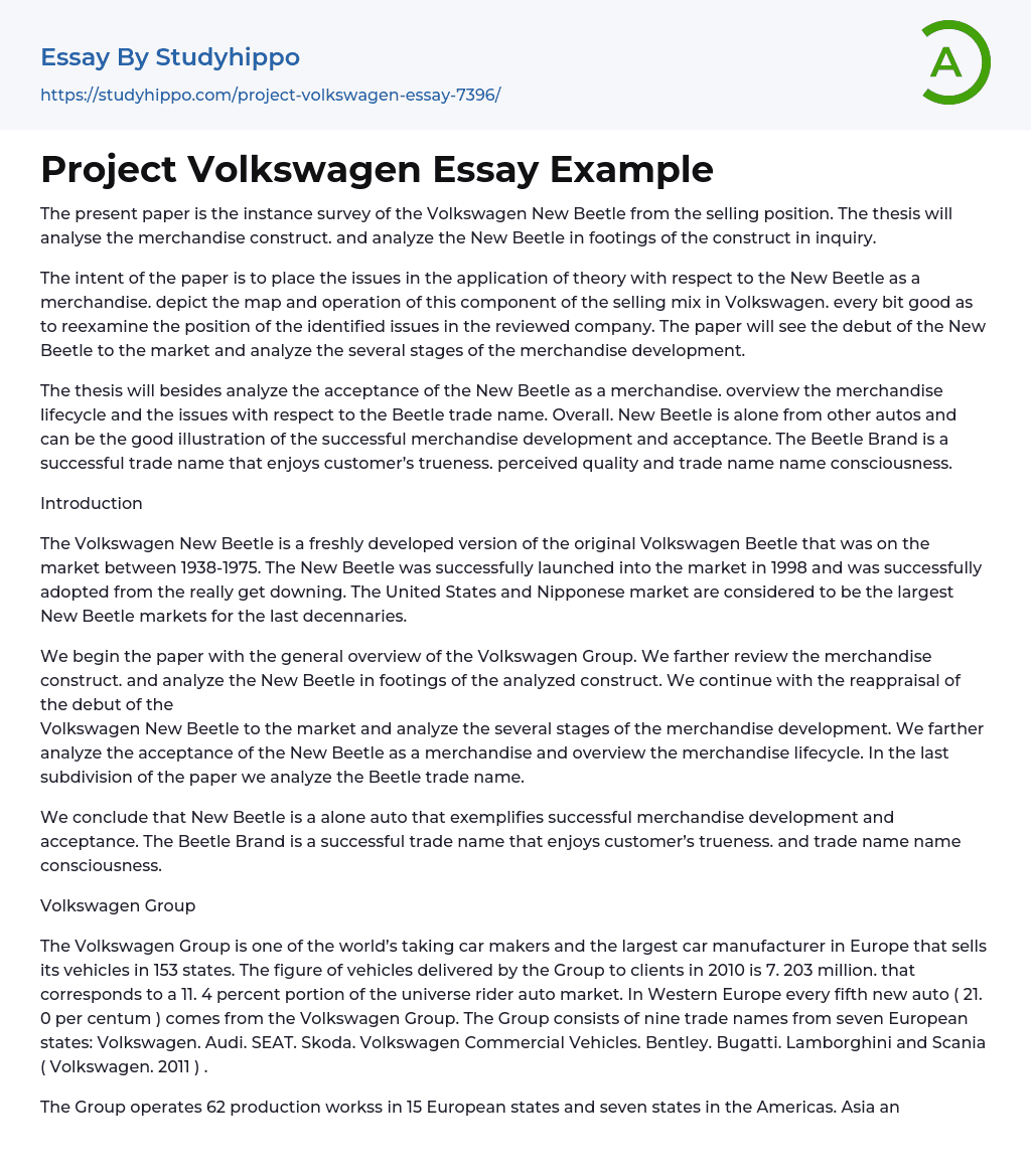 Project Volkswagen Essay Example