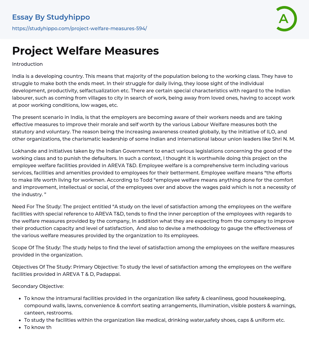 Project Welfare Measures Essay Example