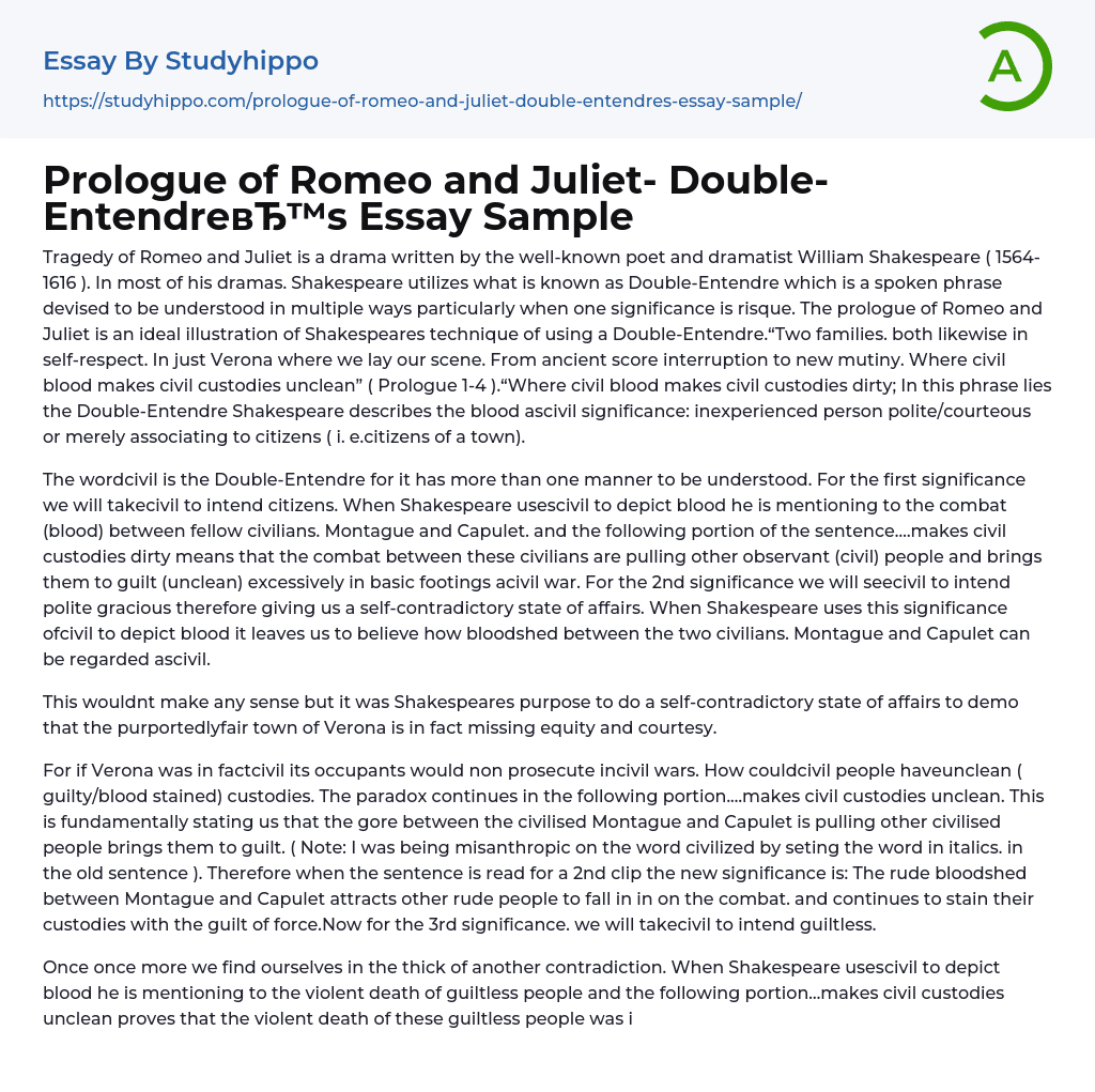 Prologue of Romeo and Juliet- Double-Entendre’s Essay Sample