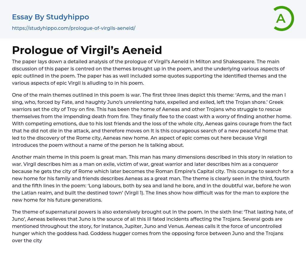 Prologue of Virgil’s Aeneid Essay Example