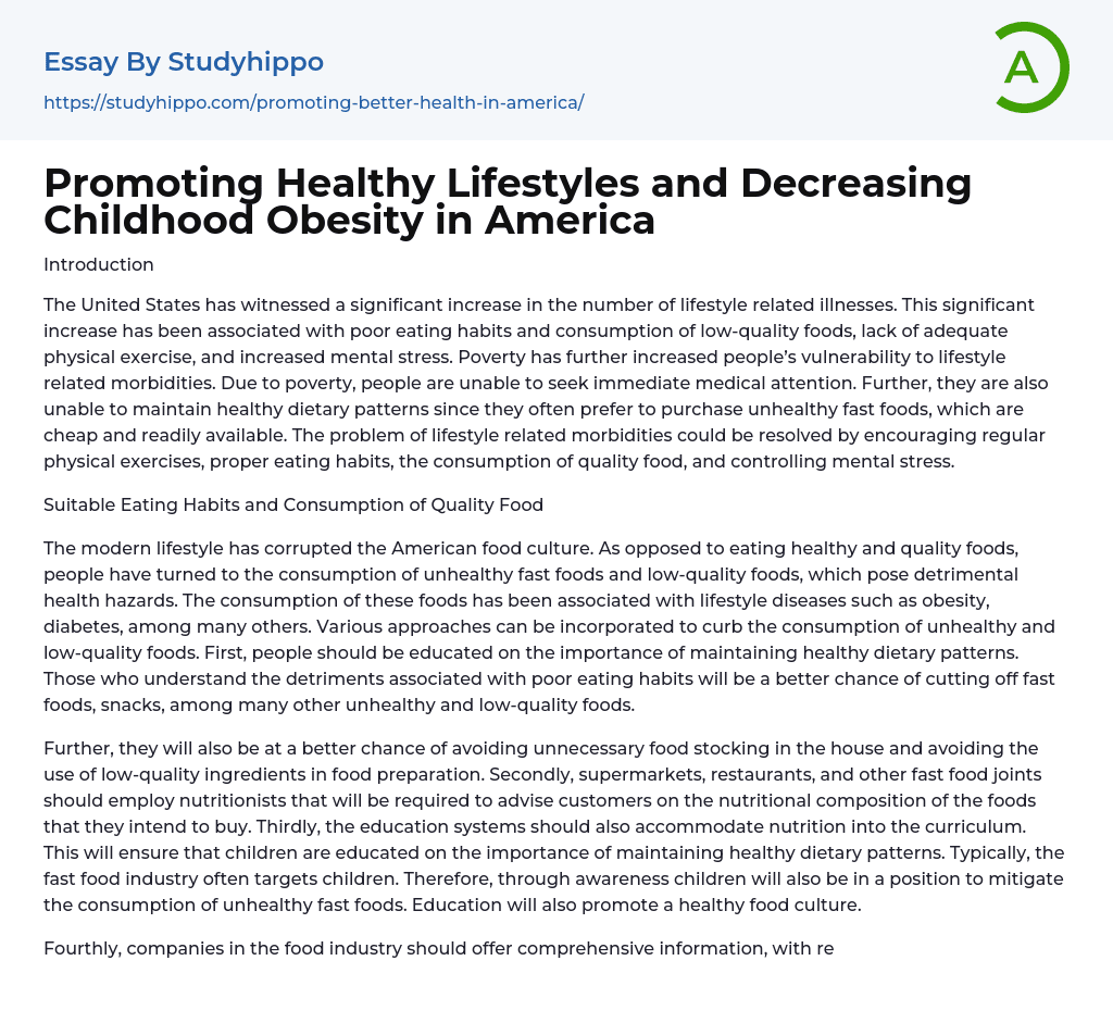 Promoting Healthy Lifestyles and Decreasing Childhood Obesity in America Essay Example