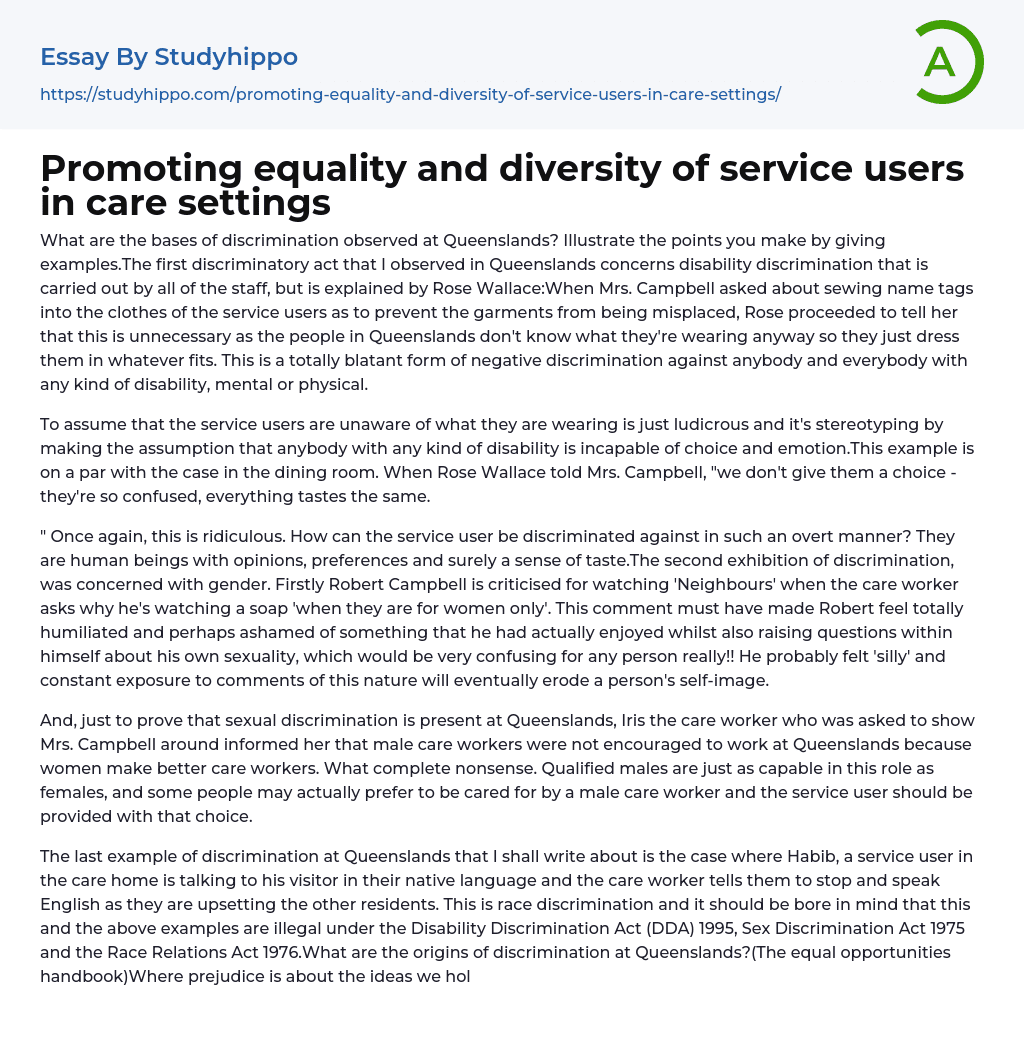 Promoting equality and diversity of service users in care settings Essay Example
