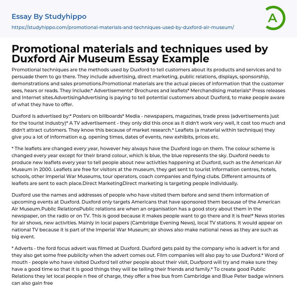 Promotional materials and techniques used by Duxford Air Museum Essay Example