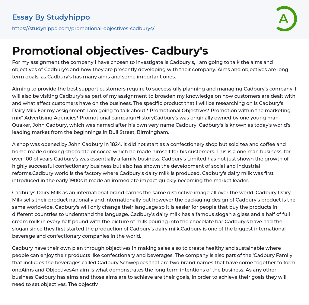 Promotional objectives- Cadbury’s Essay Example