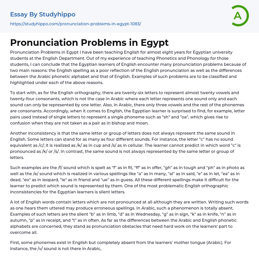Pronunciation Problems in Egypt Essay Example